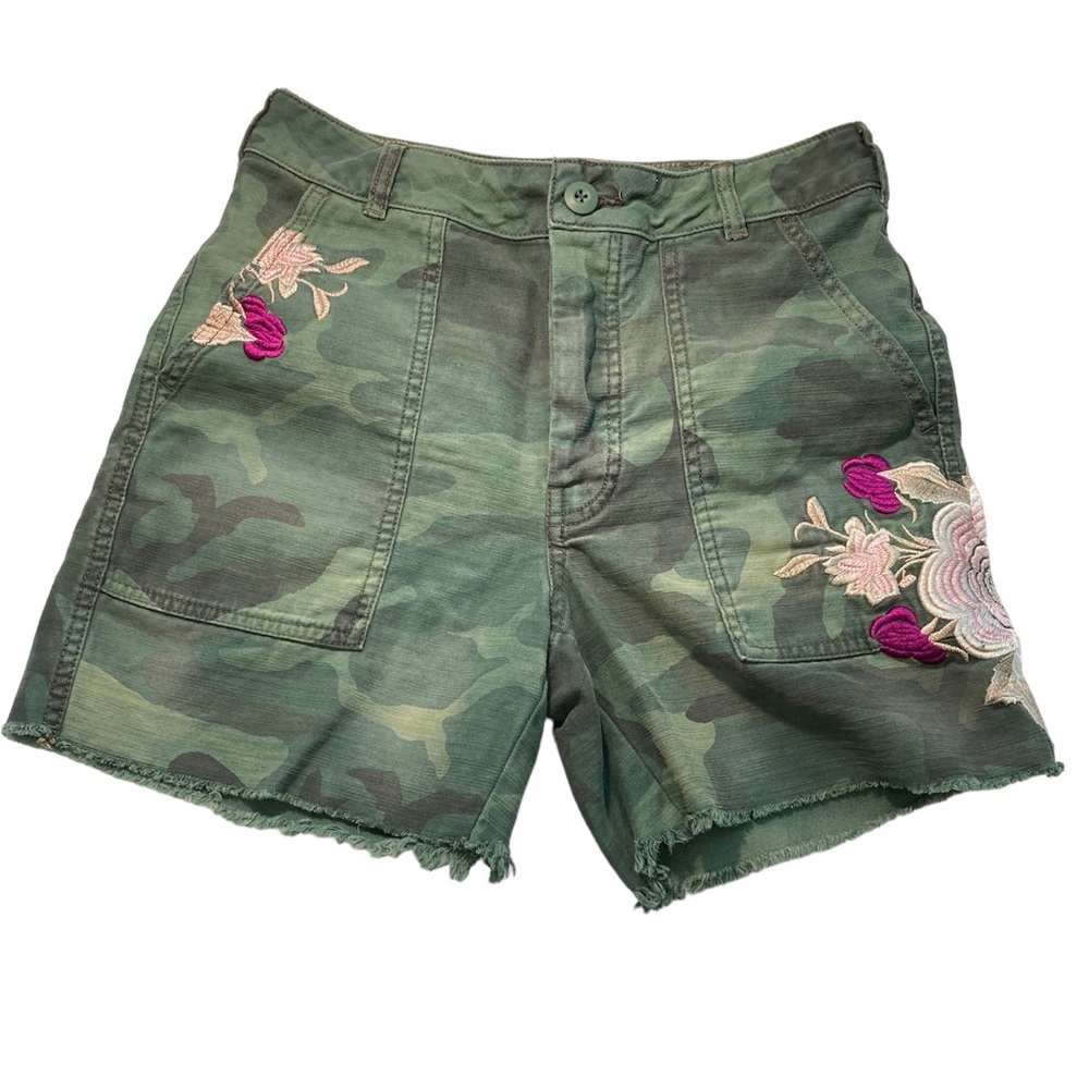 Free People Green Camouflage Scout Shorts with Embroidered Flowers